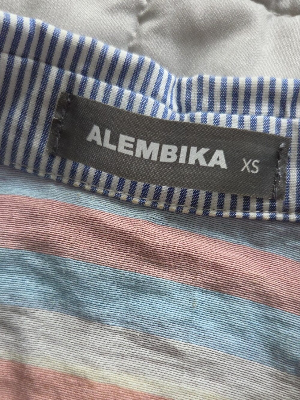 Alembika Classic Women's Blue Stripe Button- With Coloful Neck Line On Back - Picture 2 of 7